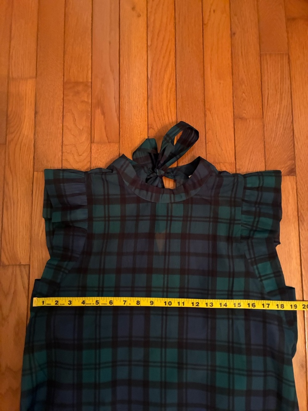 LOFT Sheer Plaid Ruffle Sleeve Top in Navy and Green - Picture 12 of 14